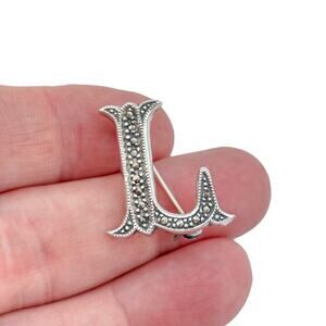 Vintage Sterling Silver 925 Marcasite Letter L Brooch